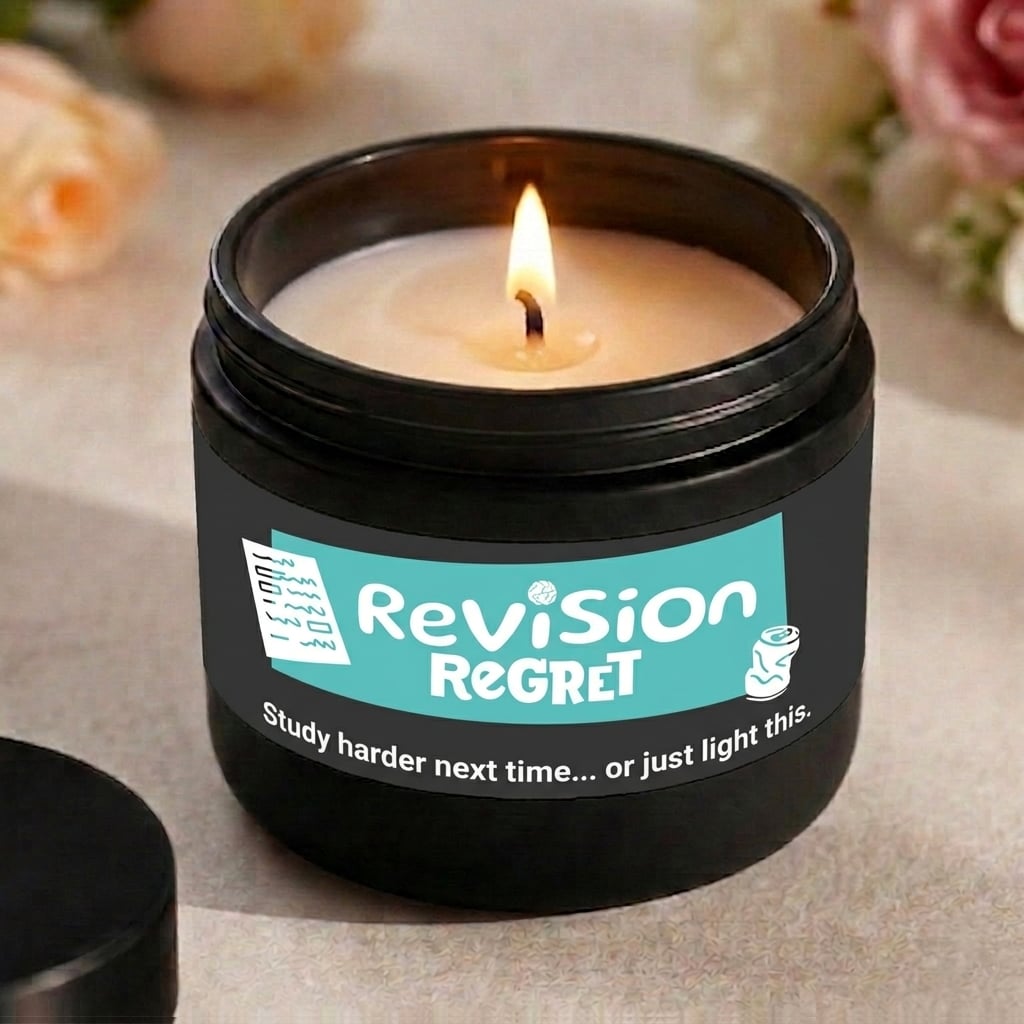 Candle in a jar with 'Revision Regret' label on a neutral background