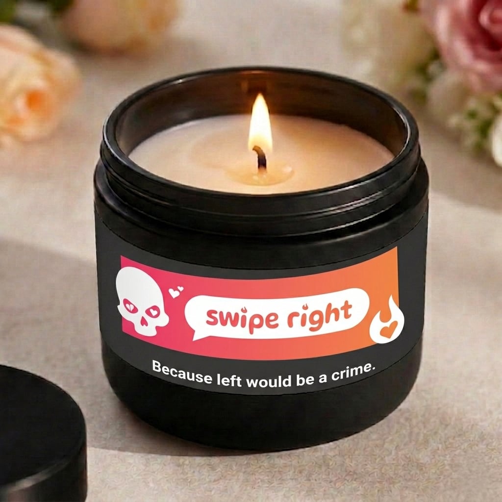Candle in a jar with a humorous label on a neutral background