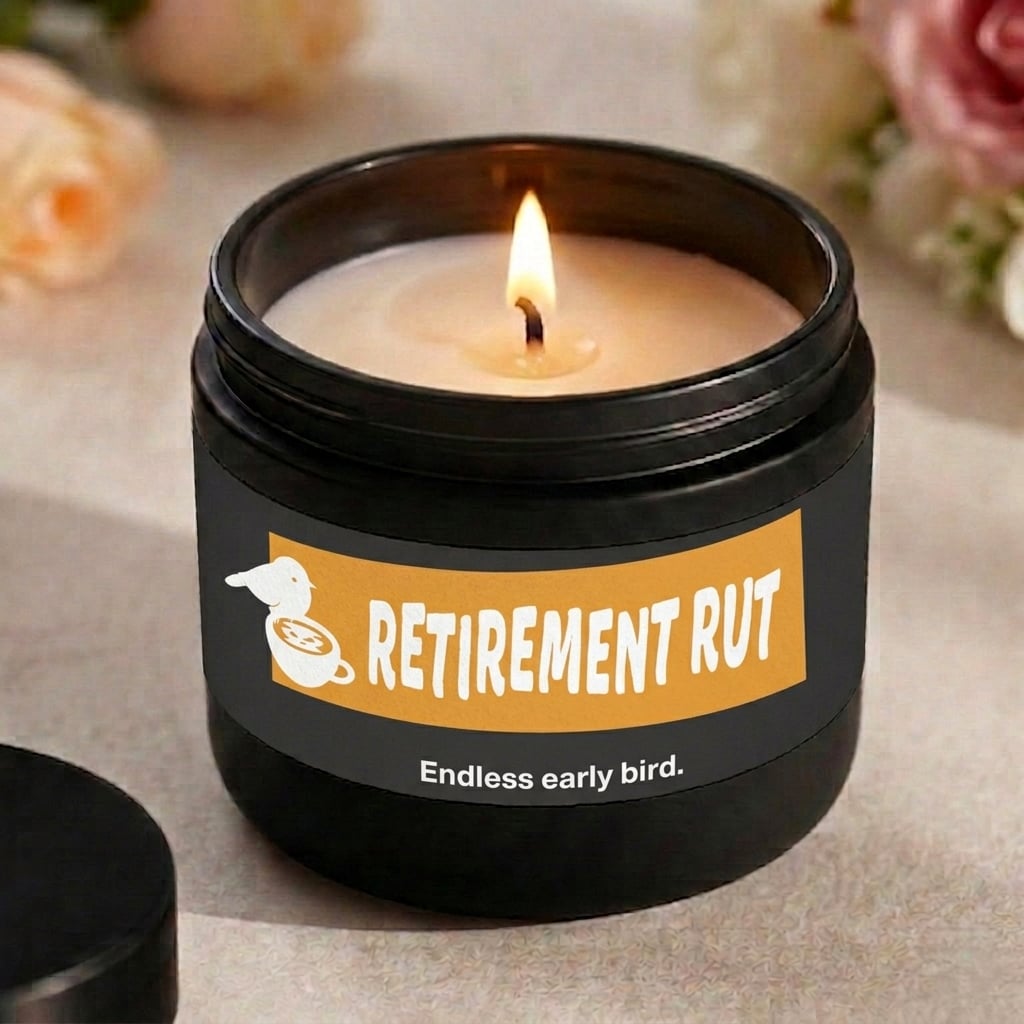 Candle in a black container with 'Retirement Rut' label on a light background
