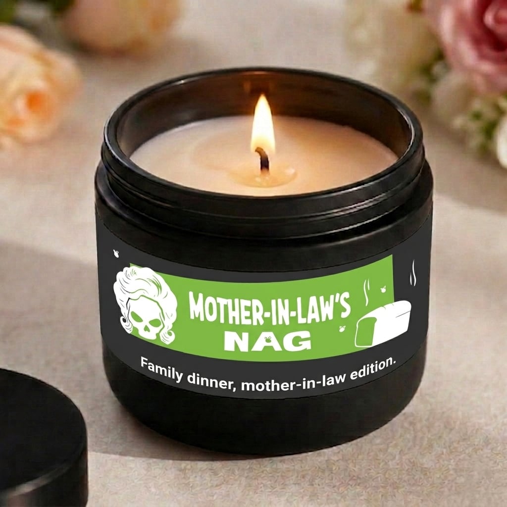 Candle in a container labeled 'Mother-in-Law's Nag' with a green label on a neutral background.