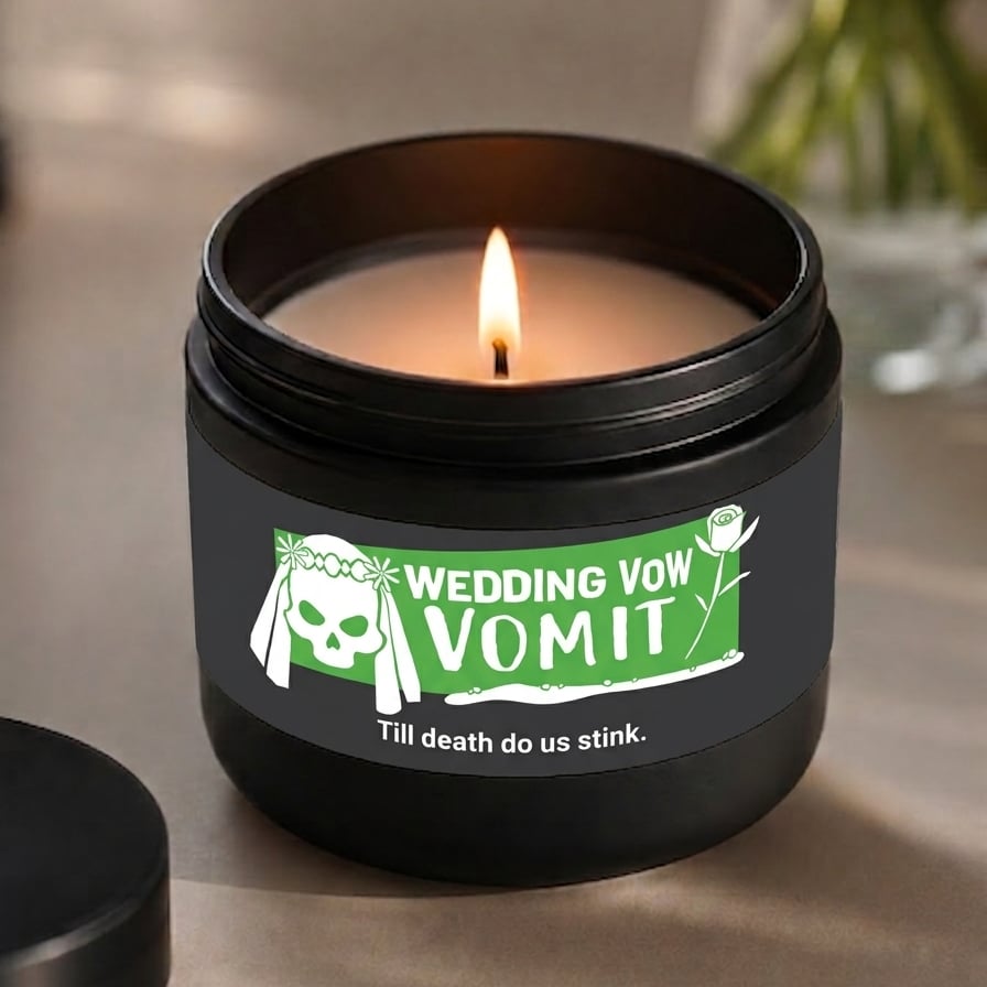 Candle in a black container with a humorous label on a neutral background