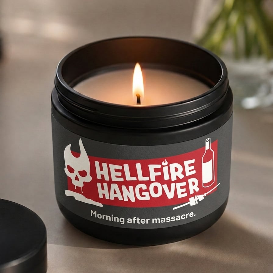 Candle in a container labeled 'Hellfire Hangover' on a neutral background