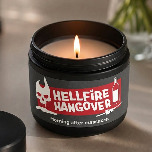 Candle in a container labeled 'Hellfire Hangover' on a neutral background